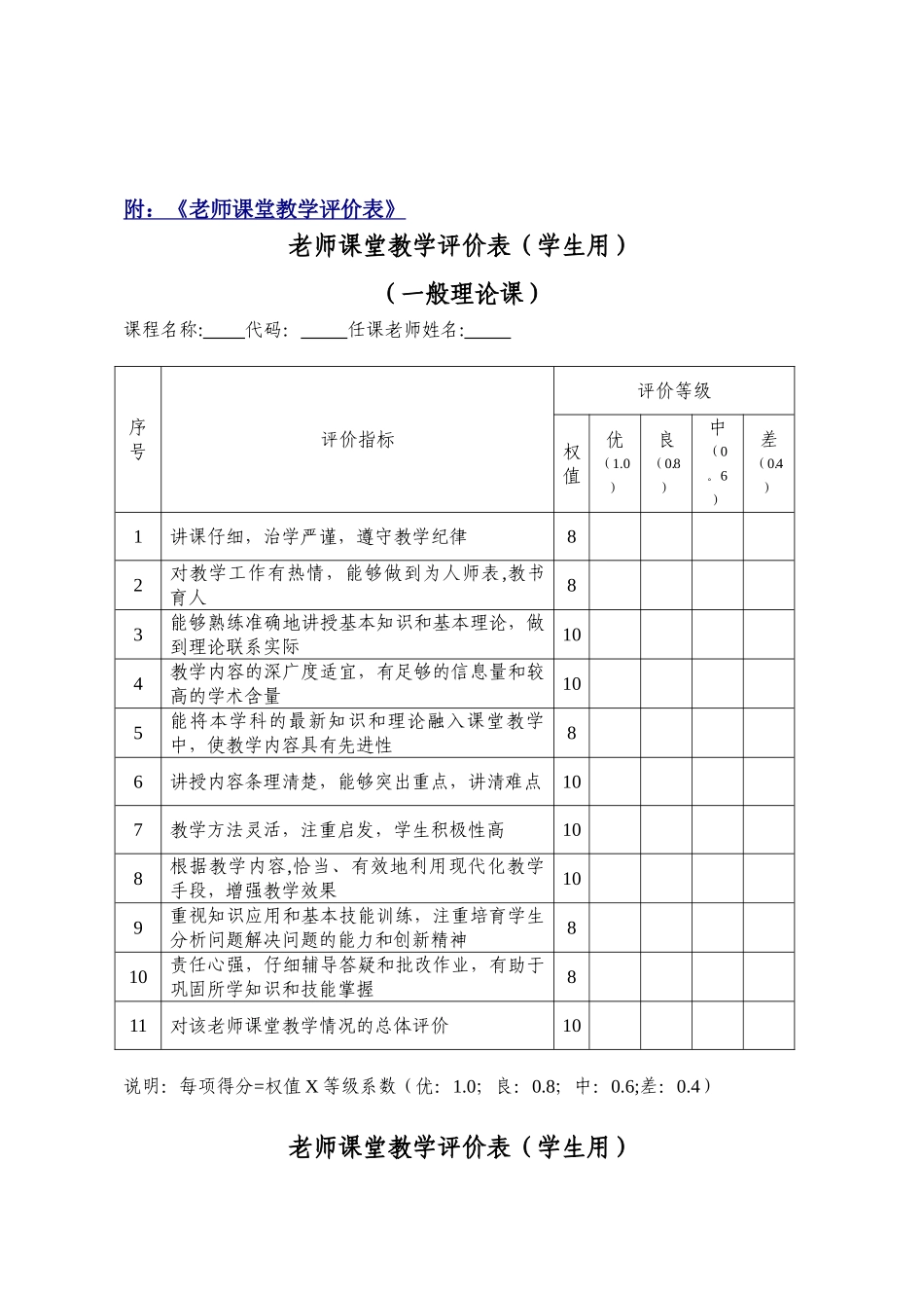 《教师课堂教学评价表》模版_第1页