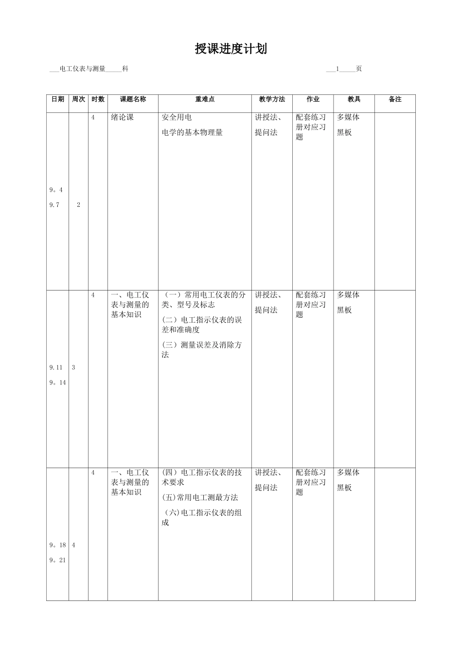 《电工仪表与测量》教学计划_第1页