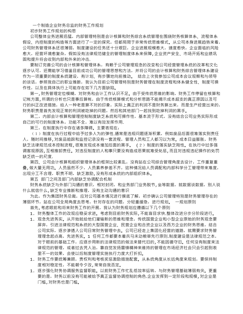 一个制造企业财务总监的财务工作规划_第1页