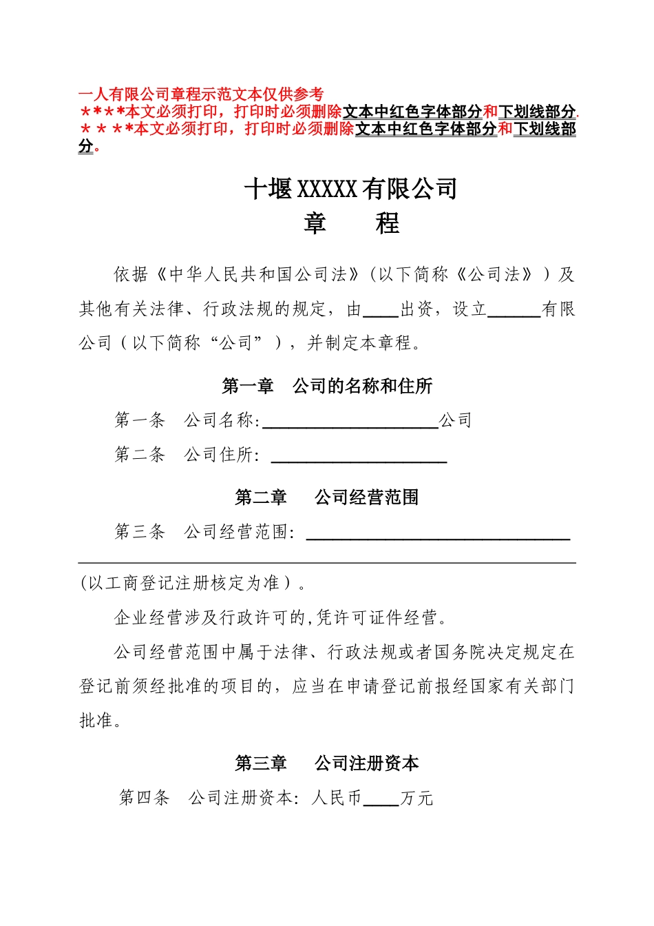 一人有限公司章程模板_第1页