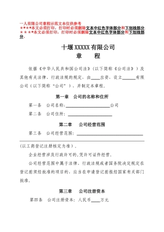 一人有限公司章程模板