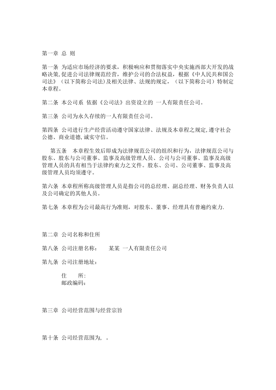 一人有限责任公司章程范本_第2页
