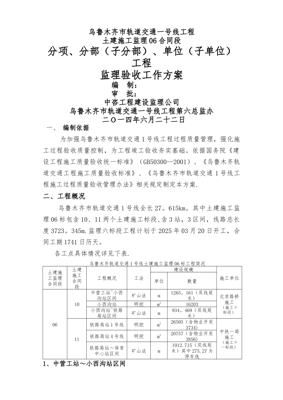 一号线分项、分部、单位工程验收方案_第1页