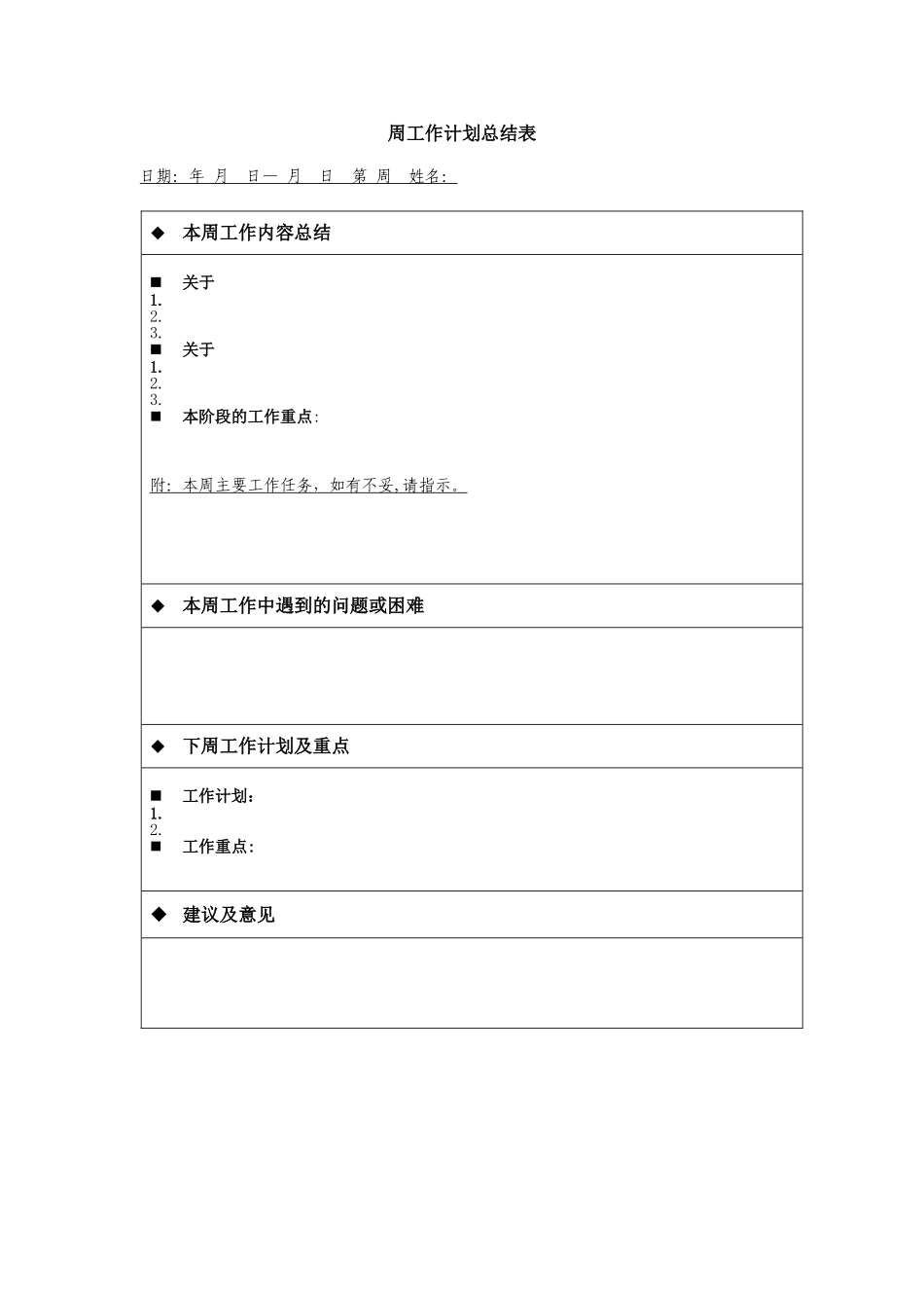 一周工作总结表模板_第1页