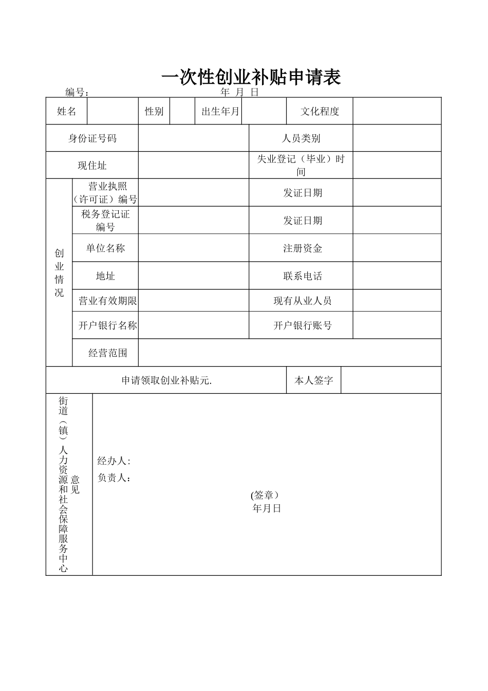 一次性创业补贴申请表_第1页