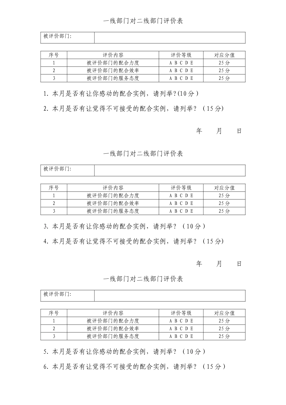 一线部门对二线部门评价表_第1页