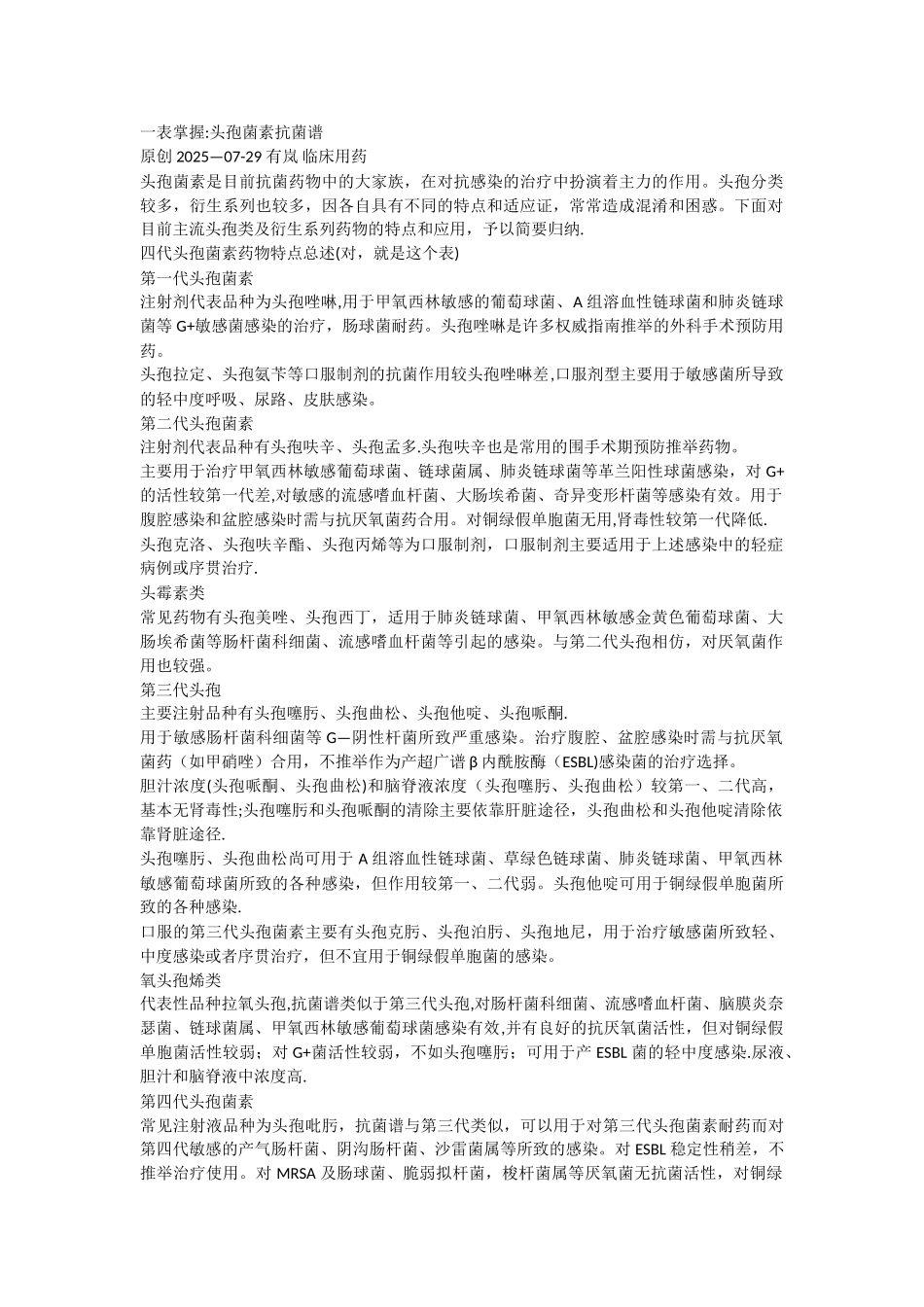 一表掌握：头孢菌素抗菌谱_第1页