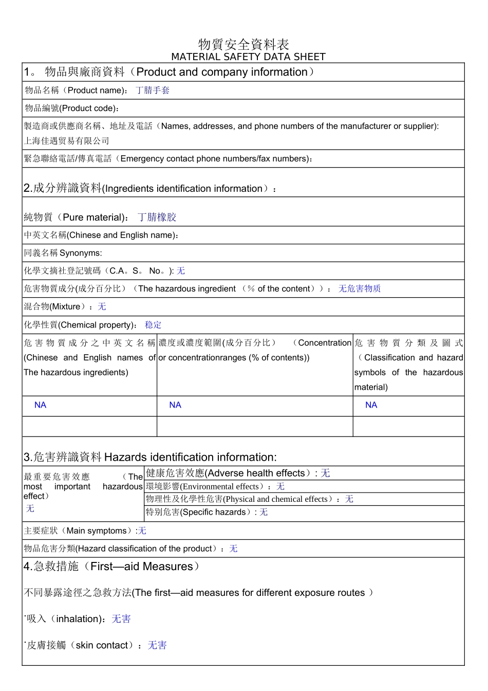丁腈手套物质安全资料表_第1页