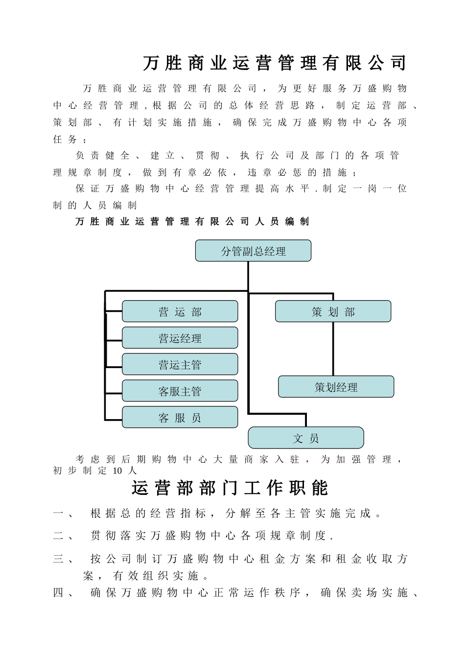 万胜商业管理有限公司部门职能及岗位编制_第1页