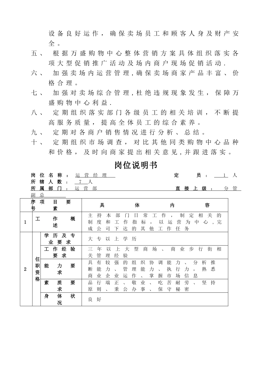 万胜商业管理有限公司部门职能及岗位编制_第2页