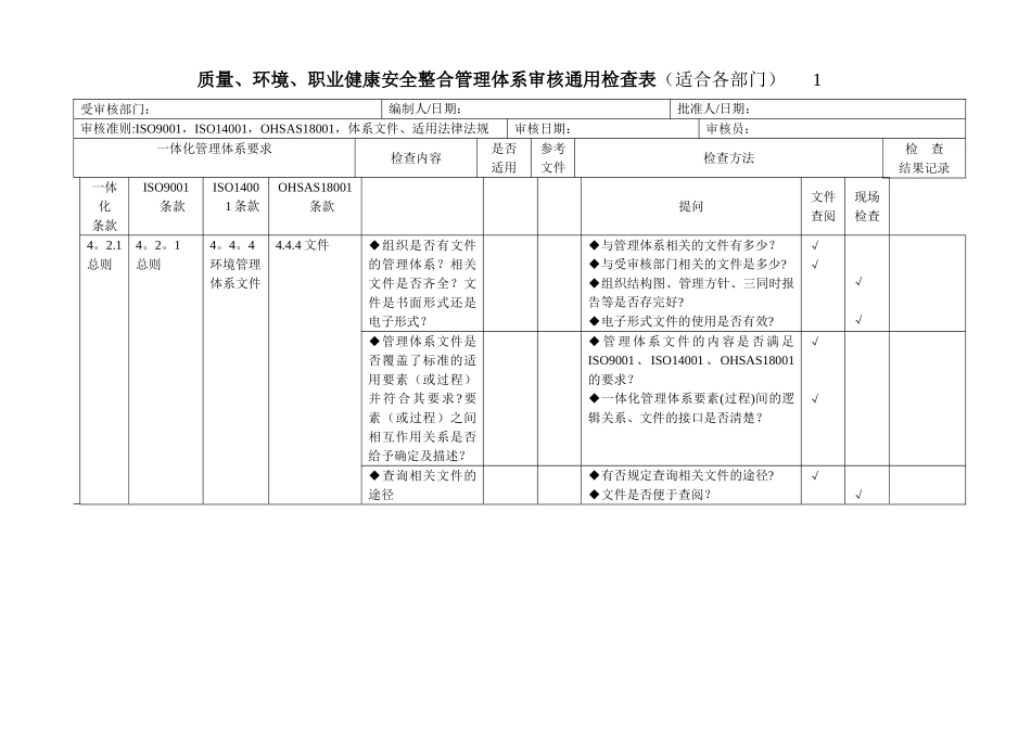 三标一体化管理体系内审表_第1页