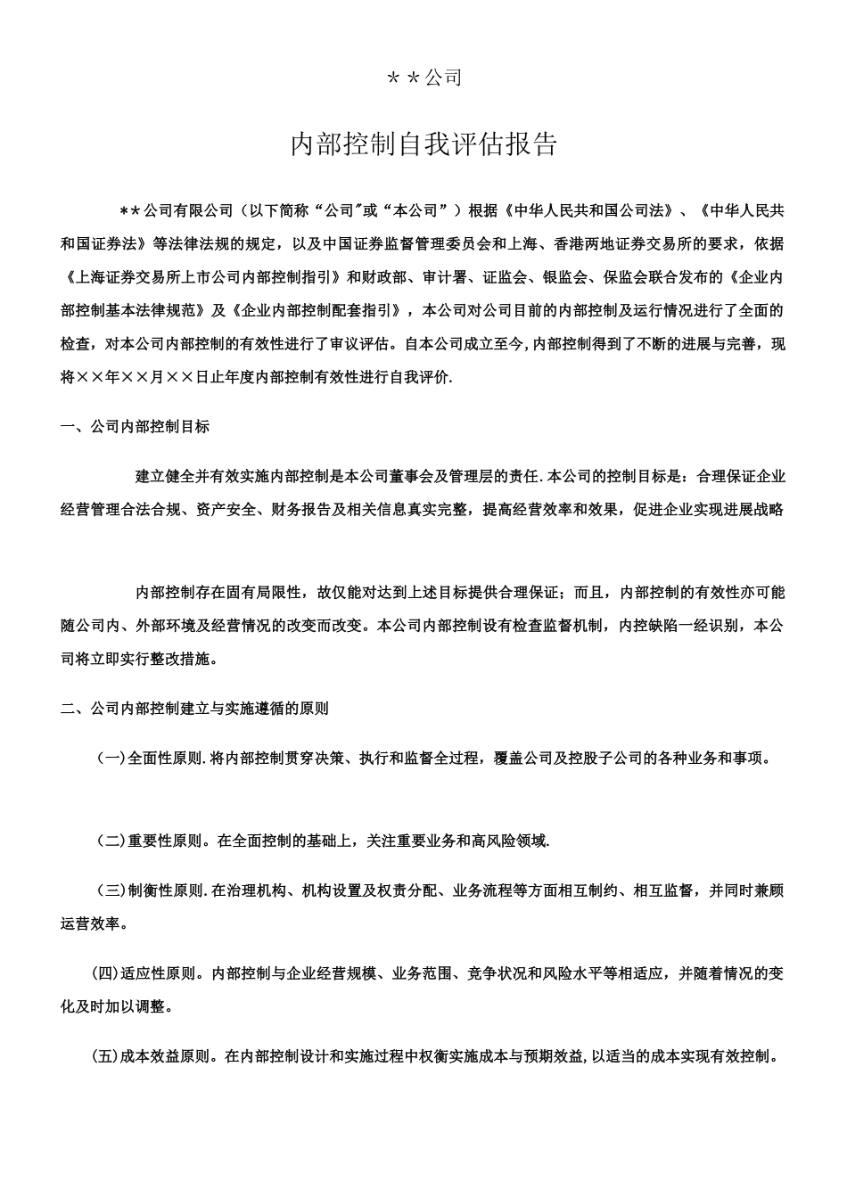 上市公司内部控制有效性自我评价报告模板_第1页