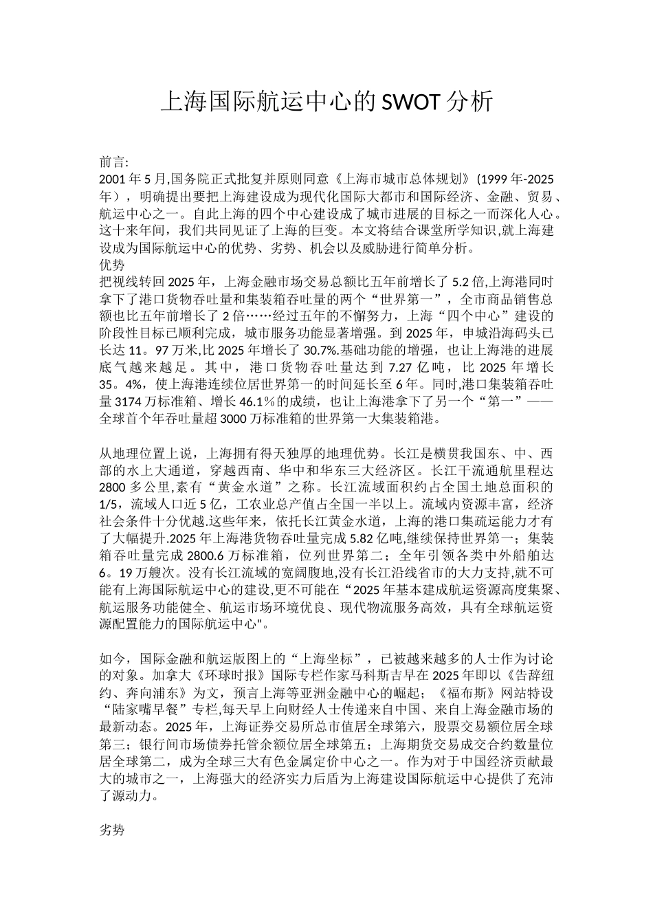 上海国际航运中心SWOT分析-2025_第1页