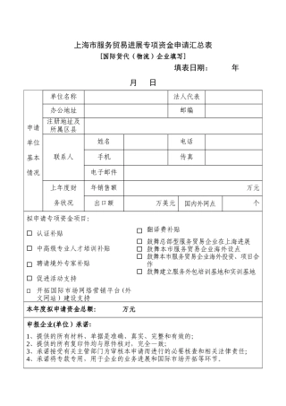 上海服务贸易发展专项资金申请汇总表