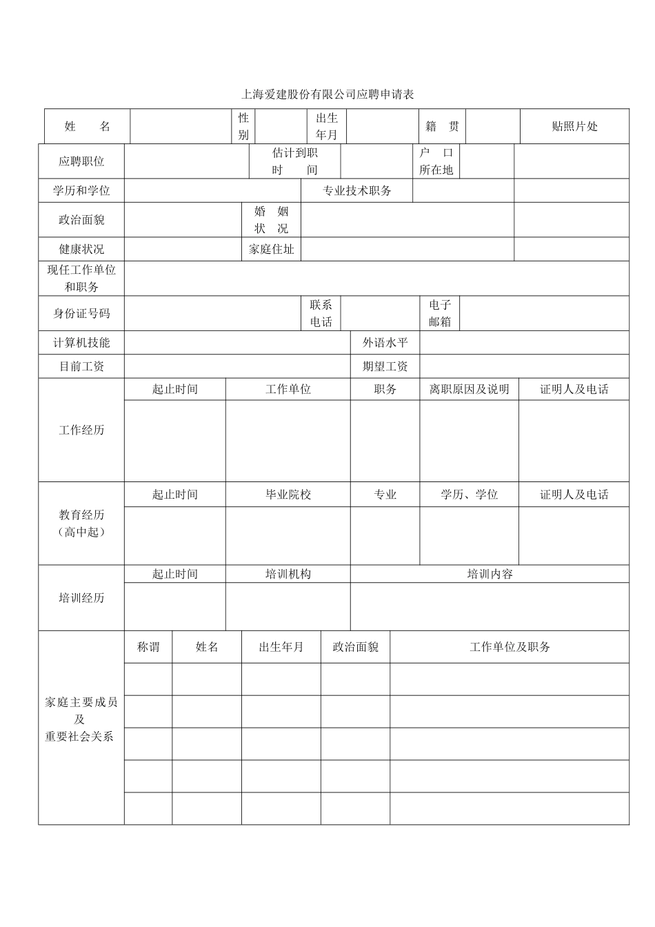 上海爱建股份有限公司应聘申请表_第1页