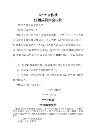 专业合作社注销范本模板