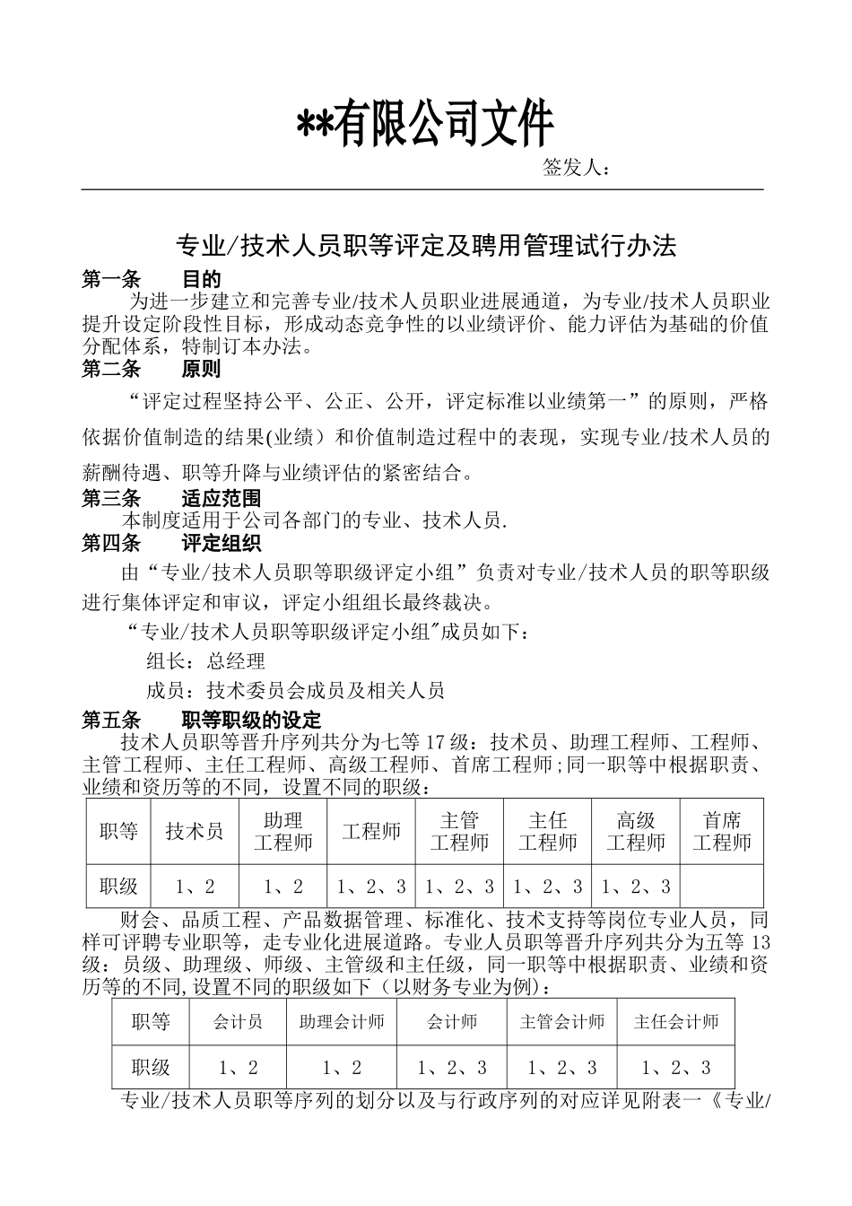 专业及技术人员职等评定及聘用管理办法_第1页