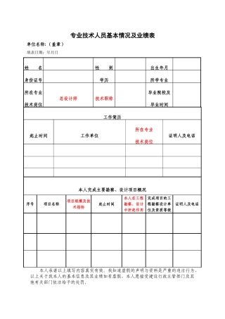 专业技术人员基本情况及业绩表