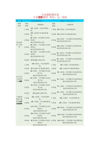 专业摄影报价表