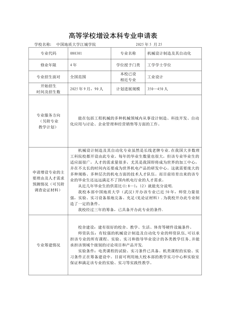 专业申报表-机械设计制造及自动化_第1页