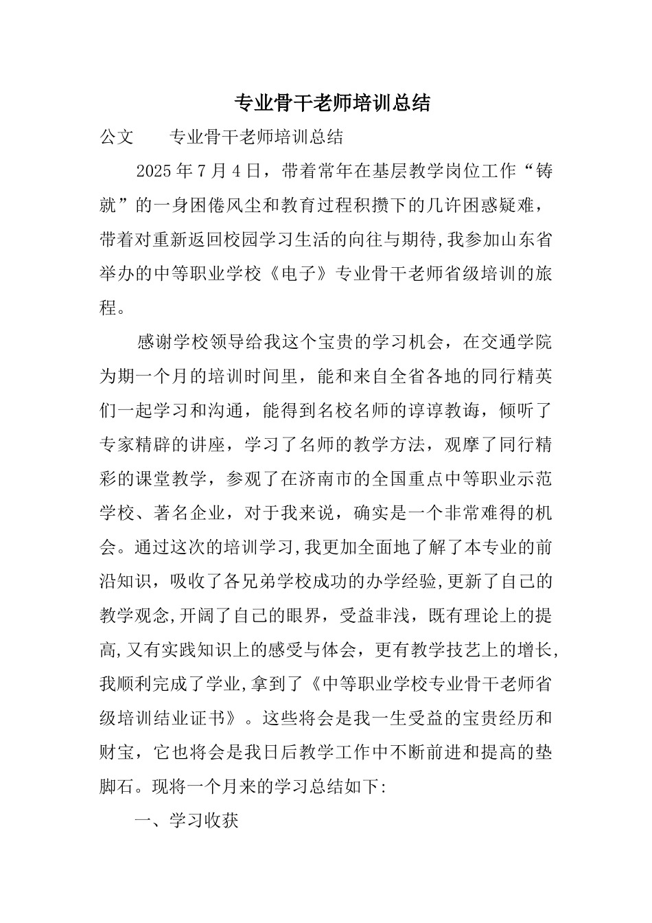 专业骨干教师培训总结_第1页