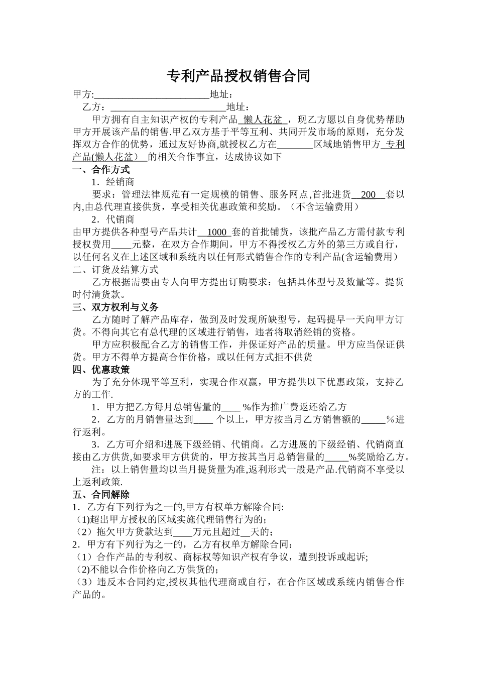 专利产品授权销售合同_第1页