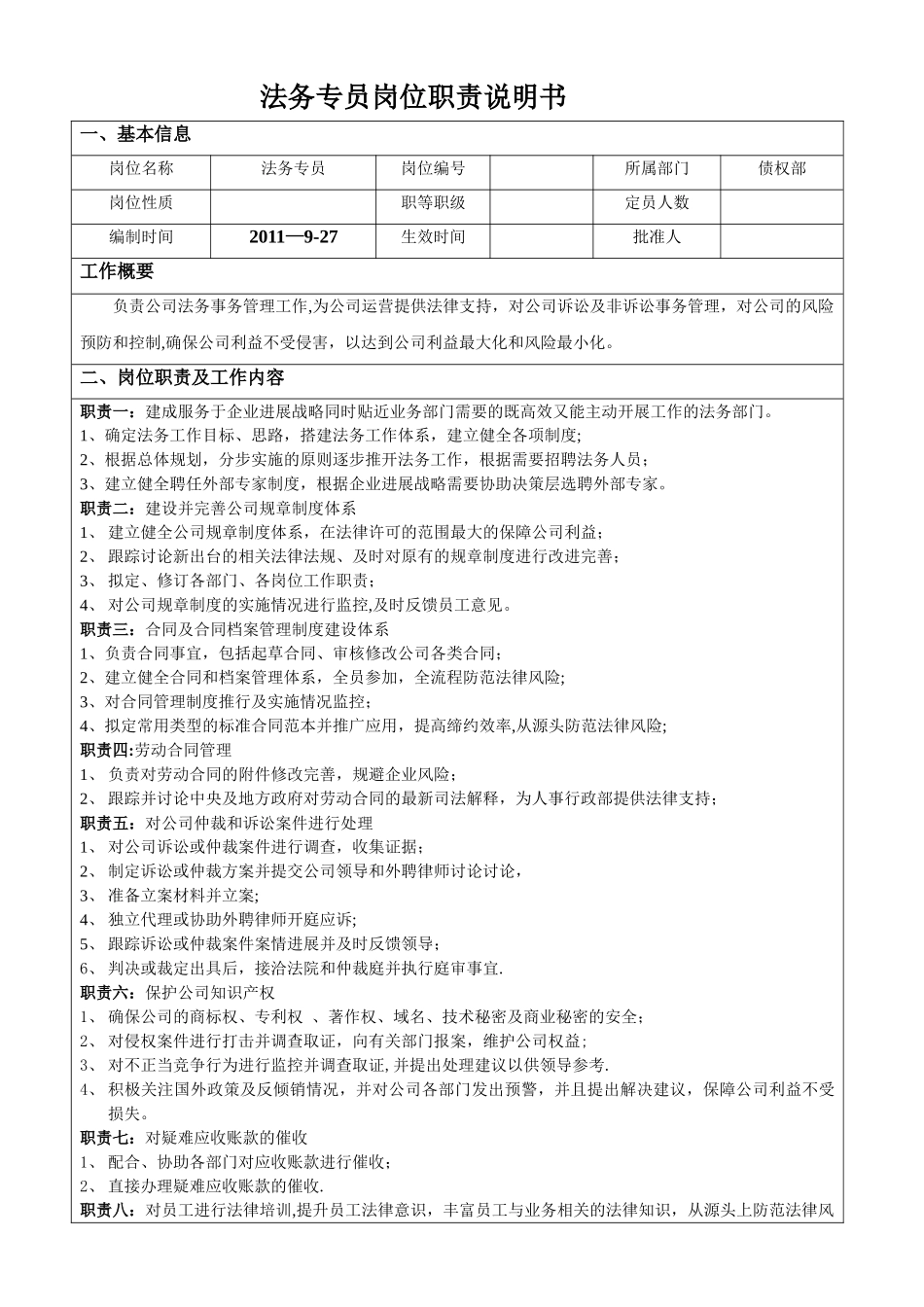 专员岗位职责说明书_第1页