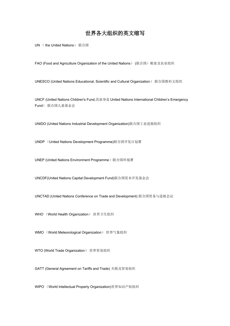 世界各大组织的英文缩写_第1页