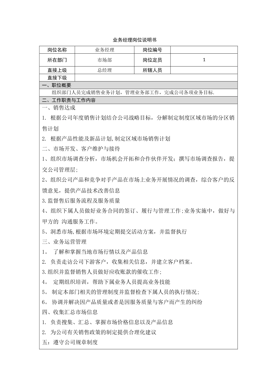 业务经理岗位说明书_第1页