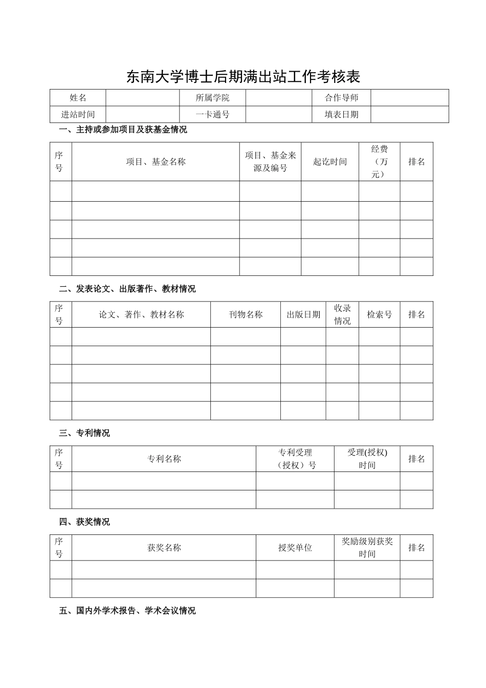 东南大学博士后期满出站工作考核表_第1页