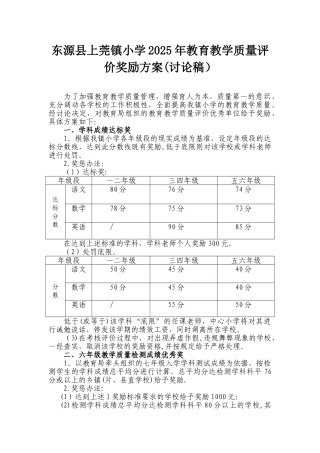东源县上莞镇2025年小学教学质量评价奖励方案