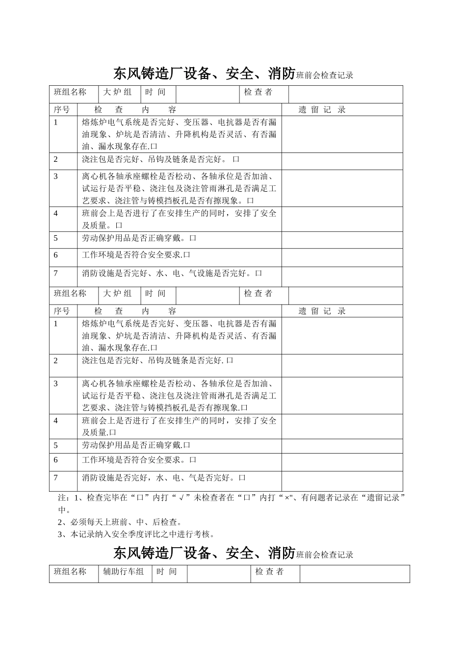 东风铸造厂设备、安全、消防班前会检查记录_第1页