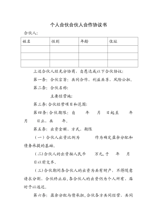 个人合伙合伙人合作协议书