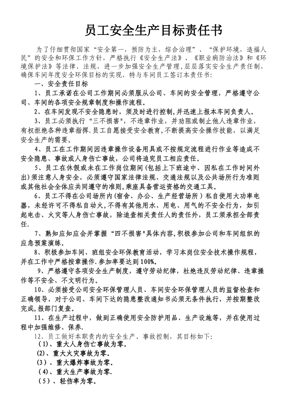 个人安全环保目标责任书_第1页