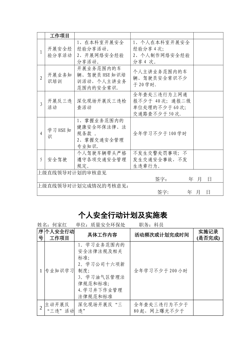 个人安全行动计划及实施表_第2页