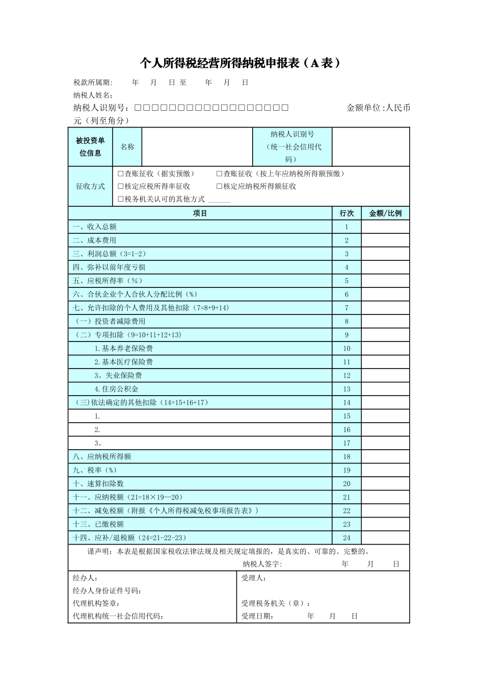 个人所得税经营所得纳税申报表-营业所得税a表_第1页