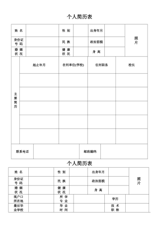 个人标准简历表格