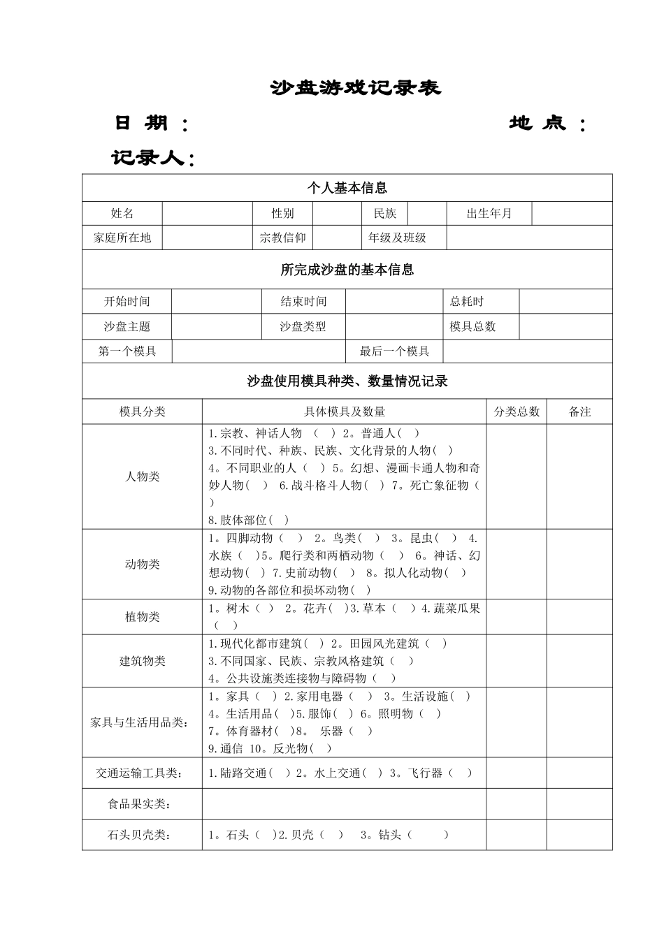 个人沙盘游戏记录表_第1页