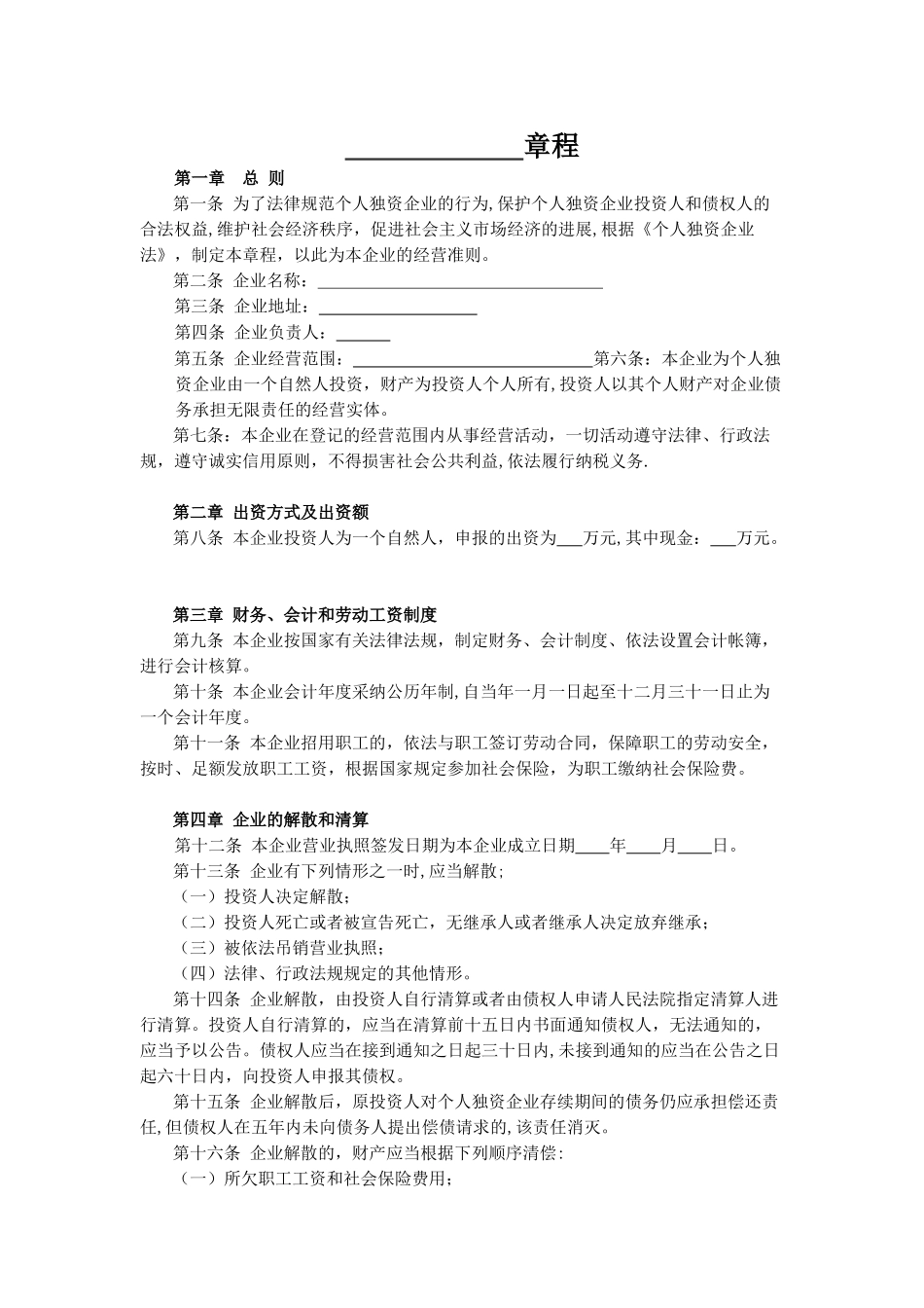 个人独资企业章程2025_第1页