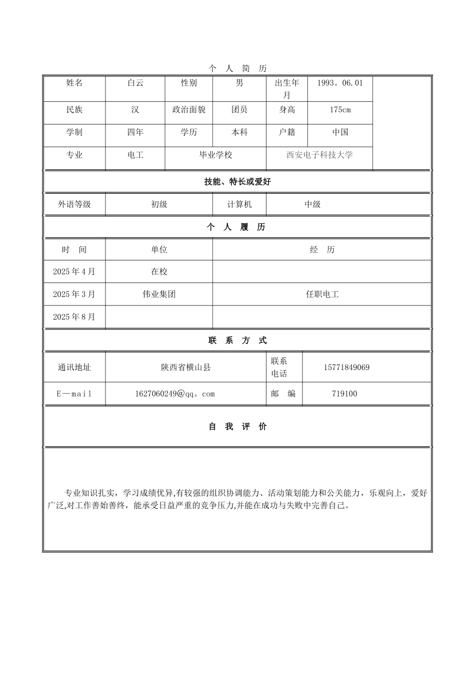 个人简历模板空白表格14853_第1页