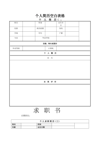 个人简历空白表格免费下载58747
