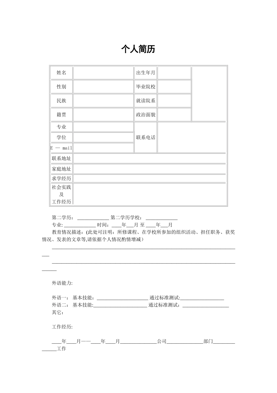 个人简历表格模板——表格样本66132_第1页