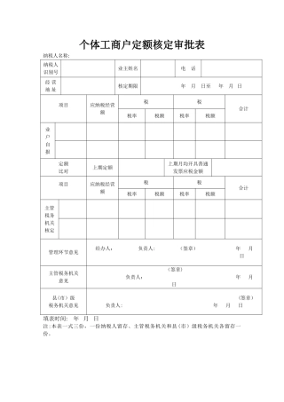 个体工商户定额核定审批表