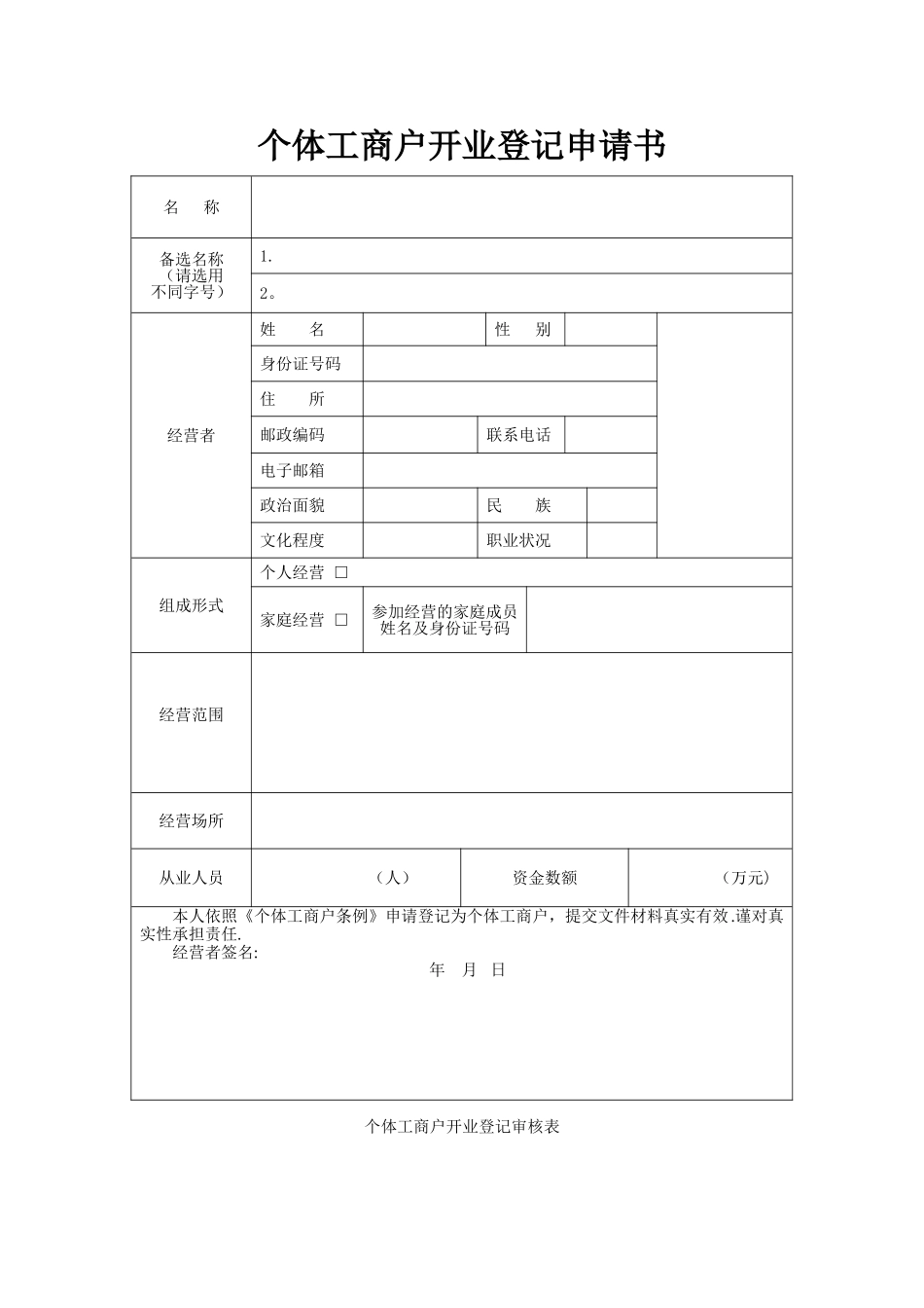 个体工商户开业登记申请书审核表_第1页