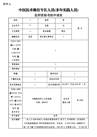 中医医术确有专长人员医师资格考核申请表1