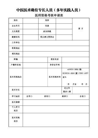 中医医术确有专长人员医师资格考核申请表