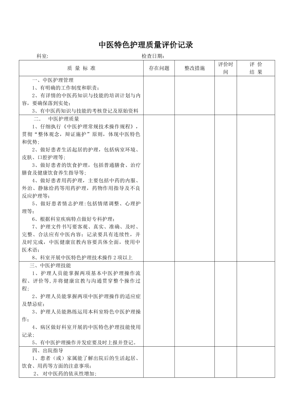 中医特色护理质量评价记录_第1页