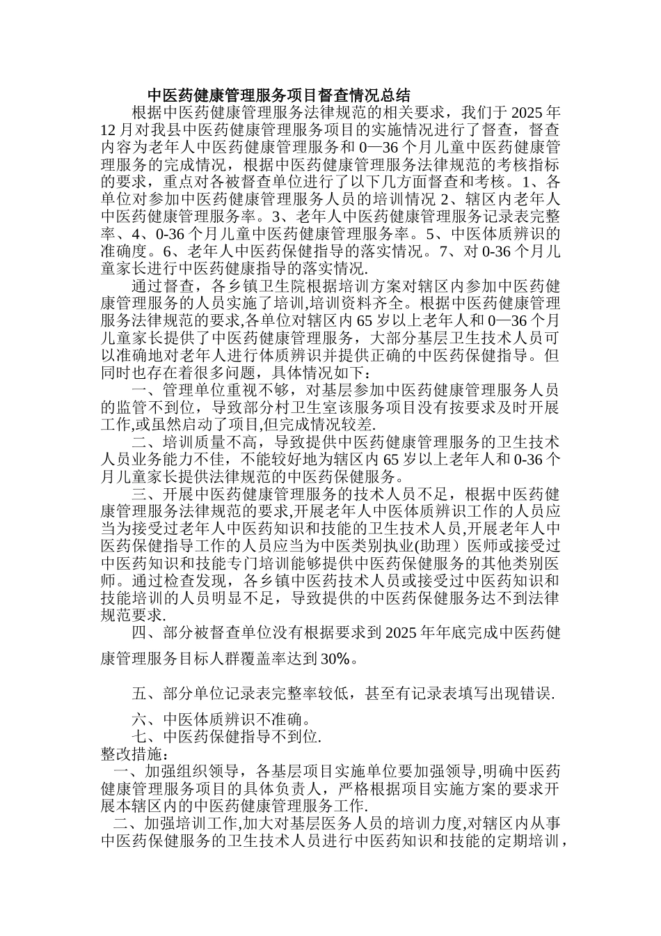 中医药健康管理服务项目督查情况总结_第1页