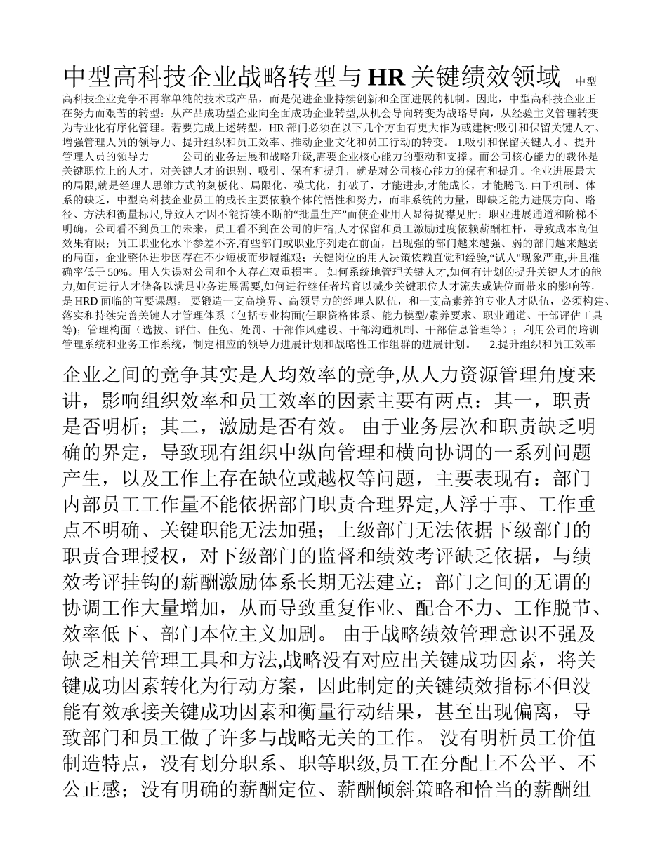 中型高科技企业战略转型与HR关键绩效领域_第1页