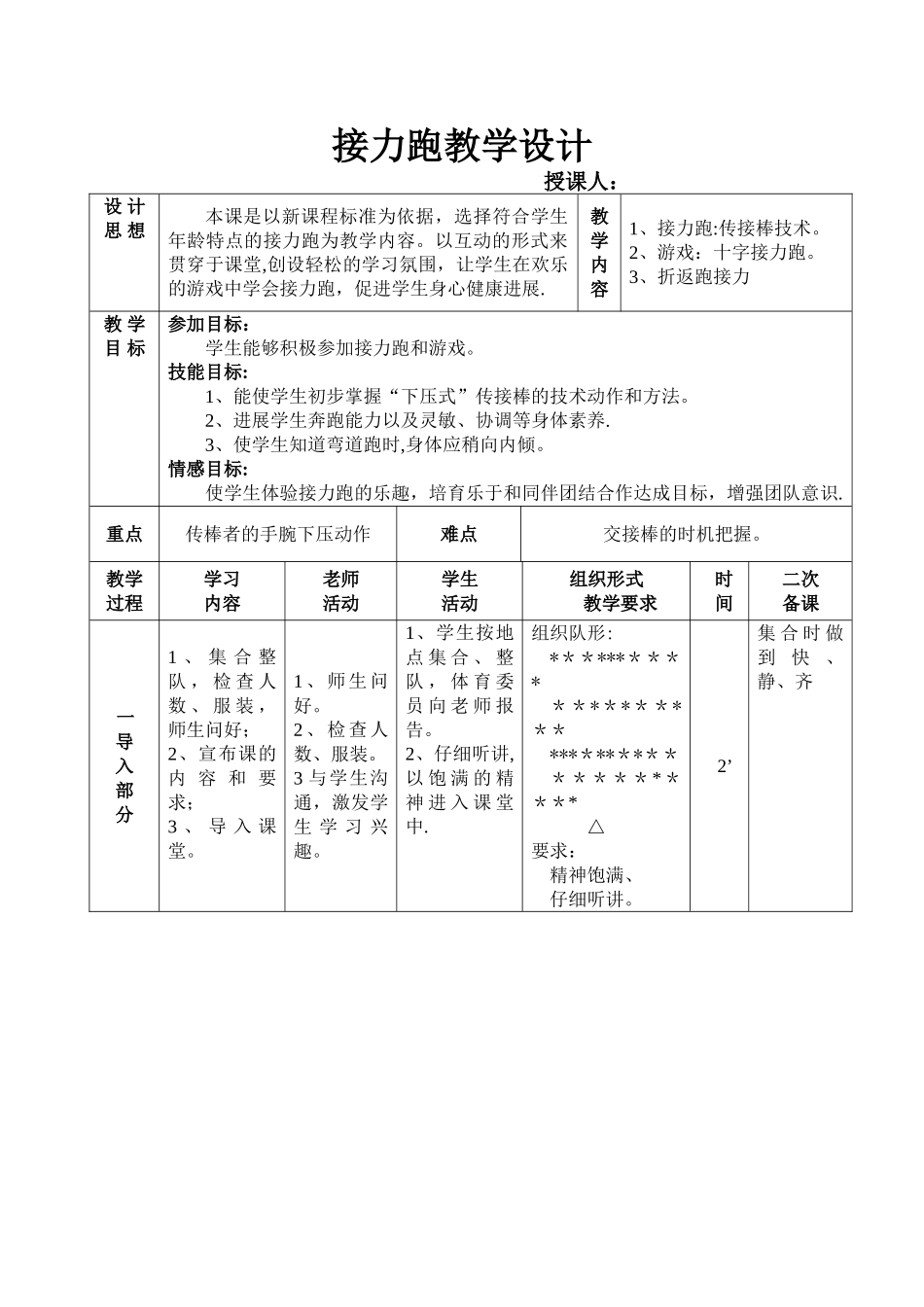 中学体育-接力跑教案_第1页